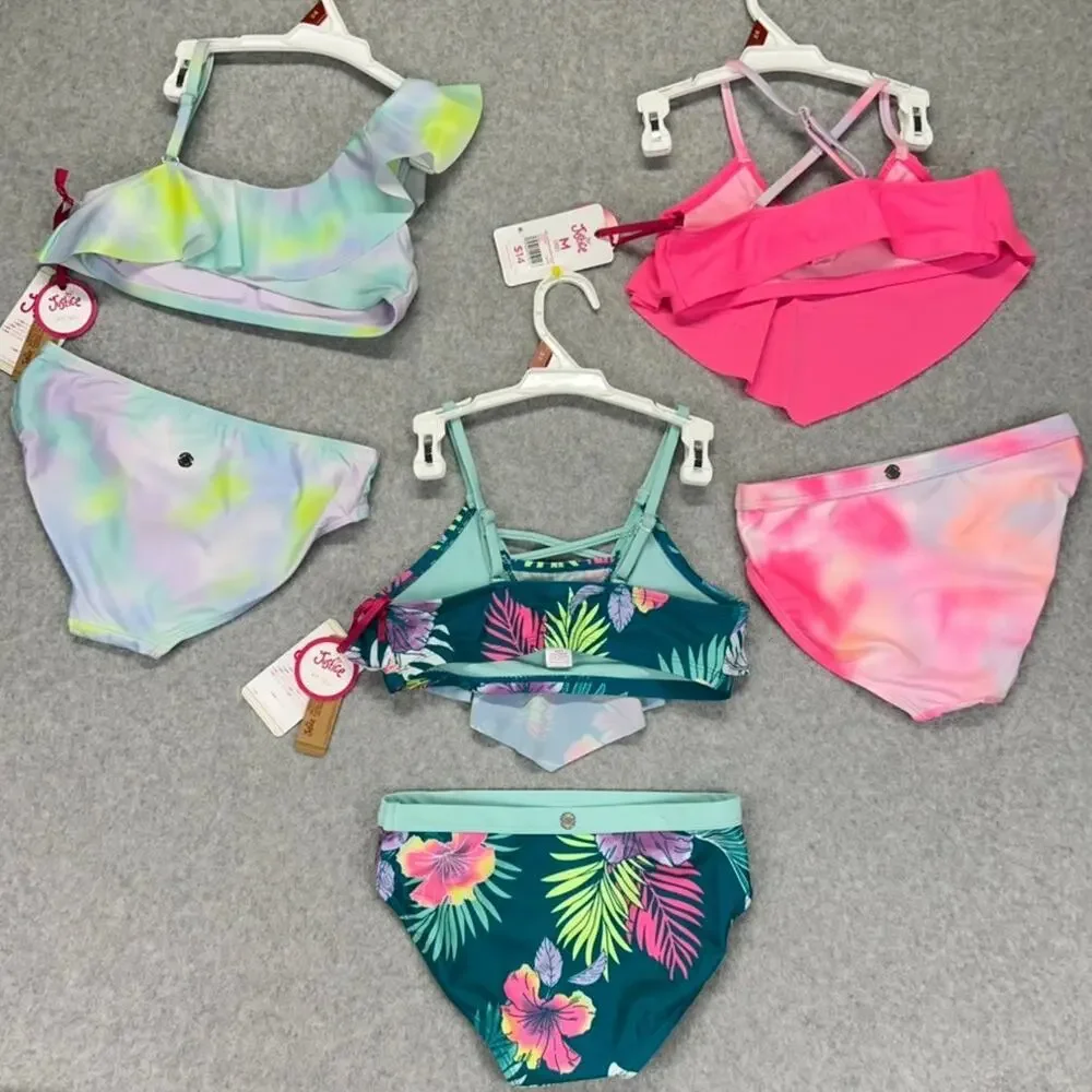 Justice Girls M 10 Bikini Swimsuit 6pc Lot Tie Dye Floral Mix Match UPF 50 NEW